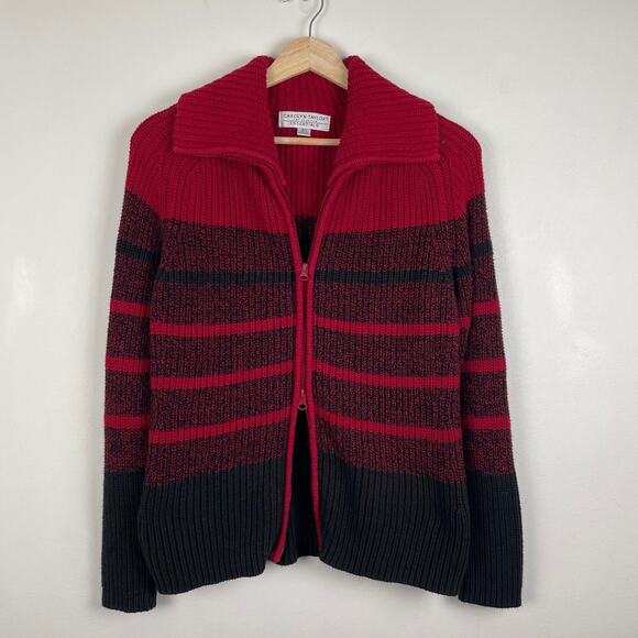 90s Vintage Carolyn Taylor Chunky Full Zip Cardigan Sweater Striped Red Black S - Picture 13 of 16